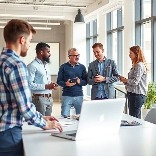 A team of creative professionals collaborating in a modern office space.